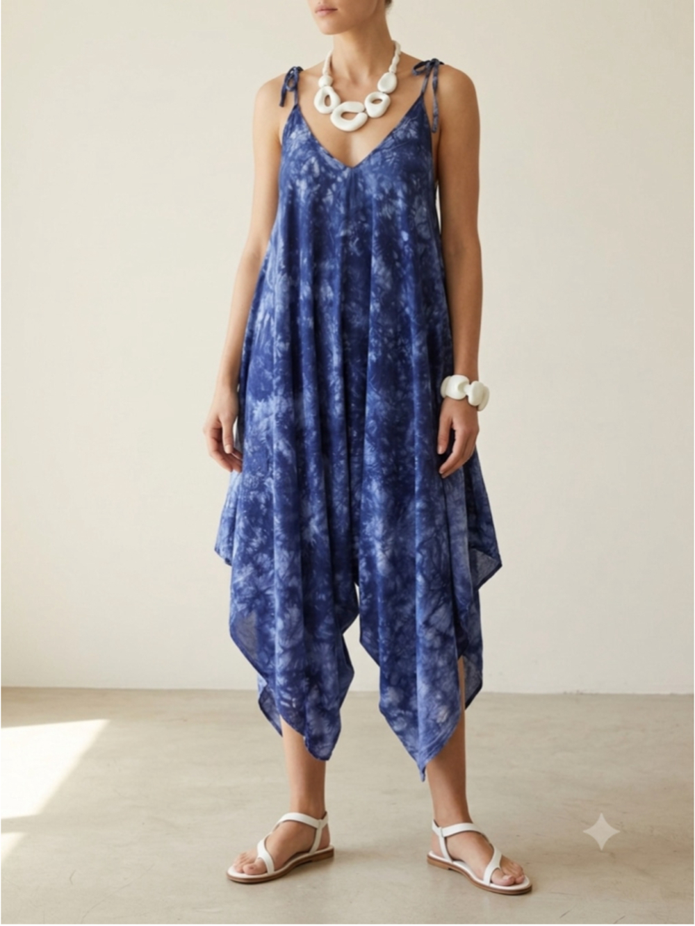 Isa Bel Harem Jumpsuit Womens One Size Blue Tie Dye Shibori Drape Drop Crotch Bo